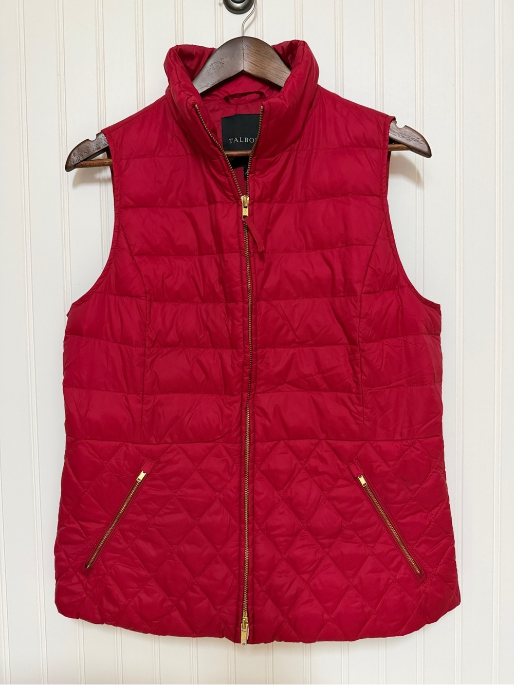 Talbots Bright Red Quilted Puffer Vest with Gold Zippers